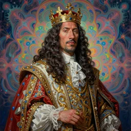 beautiful oil painting, portrait of Dwayne the rock Johnson as Louis xiv in coronation robes 1701, Dan Mumford, dan Mumford, Dan Mumford, Alex grey, Alex grey, lsd visuals, dmt fractal patterns, entheogen, psychedelic, hallucinogen, highly detailed, ornate