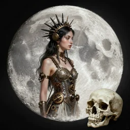 moon goddess, contemporary, collage, minimalista style, digital painting, 4 k, hdr, moon, skull, punk, steampunk, fashion, soft, vintage sharp focus, art by sandra chevrier, john hoyland, teamlab