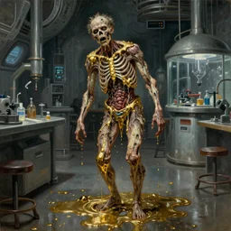 realistic Gustave Courbet painting of a sci-fi laboratory with dressed ragged zombie with body made guts and veins dripping golden shiny metalic cascade fluid from ribcage to the floor. liquid shiny pool of gold on the floor n- 4