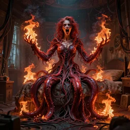 rgb, woman with tentacles, bedroom full of fire, rage, cinematic, movie scene, inspired by zdzislaw beksinski, clothes made out of veins,, cables everywhere, bedroom, ultra realistic, concept art, intricate details, highly detailed, photorealistic, octane render, 8 k