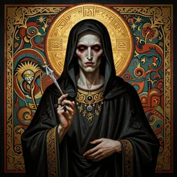 grim and depressive evil orthodox christian saint icon, in style of Midjourney, stylized, detailed and intricate, elegant, ornate, horror, elite, ominous, haunting, beautiful digital painting, cinematic, cgsociety, Jama Jurabaev, H.R. Giger, Zdizslaw Beksinski, James jean, Noah Bradley, Darius Zawadzki, vivid colors and vibrant outlines