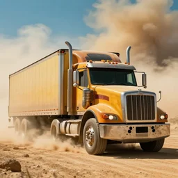 argosy tractor trailer truck in mad max : fury road, midday light, dust storm,