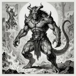 full body, grayscale, 3/4 view, muscled humanoid balrog demon, horns, claws, large horned tail, heroic pose, flames, fire, tarot, Gustave Dore, Greg Rutkowski,