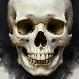 skull, close - up portrait, powerful, intricate, elegant, volumetric lighting, digital painting, highly detailed, artstation, sharp focus, illustration, concept art, ink pen, small gold leaf flake accents