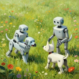 a beautiful detailed matte painting of robot dogs playing in a field of flowers Simon Stålenhag, Jakub Różalski