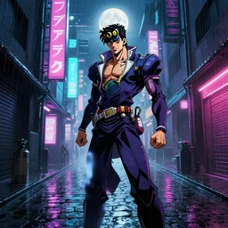a cyberpunk samurai in a raining cobblestone alleyway in tokyo, neon lights, full moon, fog cinematic greg rutkowski anime art jojo's bizarre adventure cowboy bebop