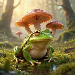 A frog infected with fungus, foggy woodland swamp, golden hour, photorealistic 3D artwork