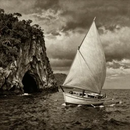 photorealistic sepia painting of a 1 9 2 5 bay boat sailing near a jamaican cliff with the mouth of a sea cave at the waterline, dark, brooding, atmospheric, lovecraft, horror, smooth, epic, highly detailed, cinematic