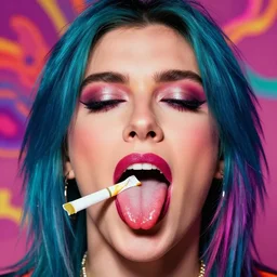 a colorful vibrant closeup portrait of Guns N Roses licking a tab of LSD acid on his tongue and dreaming psychedelic hallucinations, by kawase hasui, moebius, Edward Hopper and James Gilleard, Zdzislaw Beksinski, Steven Outram colorful flat surreal design, hd, 8k, artstation