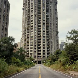 post apocalyptic skyscraper, building, avenue, urban architecture, americana architecture, concrete architecture, paved roads, by thomas kinkade trending on artstation, photorealistic, wild vegetation