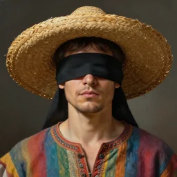 portrait of a blindfolded man wearing a multicolored tunic and a large straw hat, detailed face, highly detailed, cinematic lighting, digital art painting by greg rutkowski