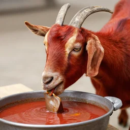red goat eating pozole