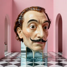 hyperrealistic random objects in a surreal minimalistic dreamscape environment by salvador dali, enormous melting mannequin head statue, highly detailed, 3 d render, vray, octane, beautiful lighting, photorealistic, intricate, elegant, wayne barlowe, water, mirrors, doorway, beautiful, masterpiece, trending on artstation, artgerm, checkered floor, pink archway