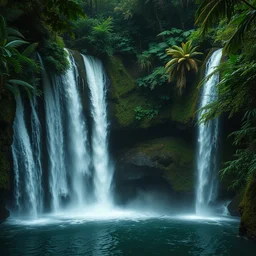 beautiful waterfalls deep in the jungle, impressive, profound, natural lighting,