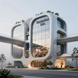 hampton inn exterior highly detailed futuristic architecture by le corbusier, reflective lighting, stylized vegetation, sky bridges, ground - level view, foggy atmosphere, stunning sunny lighting, sunrise, vivid colors, in the style of pixar animation, trending on artstation, 8 k, matte painting, ray tracing, hyper detailed, unreal engine 5, cinematic, epic lighting, cryengine, octane render, cyberpunk, red and orange glow, vibrant