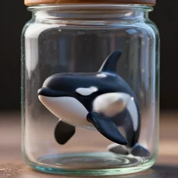 a tiny realistic proportioned killer whale contained inside a glass jar. sharp focus, photography, unreal engine, trending on artstation, photorealistic, octane, trending on deviantart, unreal engine