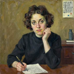 portrait of mascha kaleko ( 1 9 4 0 ) writing poems, color hanafuda oil on canvas by ivan shishkin, james jean and yoji shinkawa