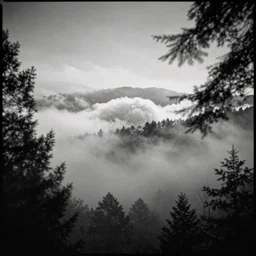 detailed clouds in the misty wood, pinhole camera effect, lomography effect, analogue photo quality, monochrome, blur, unfocus