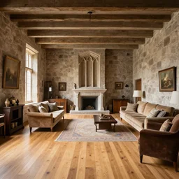 interior of a large stone castle throne room converted to a living area, wood flooring, interior design