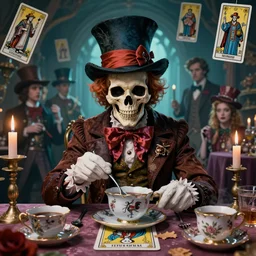 Mad Hatter on a tea party,Death Tarot card,highly detailed,half skull face,cinematic,8k,by Stanley Artgermm,Tom Bagshaw,Greg Rutkowski,Carne Griffiths, Ayami Kojima, Beksinski, Giger,trending on DeviantArt,hyper detailed,horror, full of colour