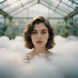 vintage analog head and shoulder portrait photography of a beautiful woman inside a greenhouse full of clouds by mark owen. vogue. kodak portra 8 0 0 film. ( depth of field ). bokeh!!.. detailed. hq. warm light. muted colors. filmic. lens flare. mamiya 7 ii, f / 1. 2, symmetrical balance, in - frame
