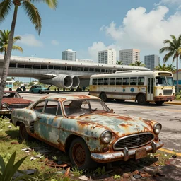 fallout 5 : miami, outdoors ruined tropical city airport, rusted retro futuristic vintage styled parked cars, buses, trucks, atmospheric lighting, painted, intricate, volumetric lighting, summer, sunny weather, few clouds, sharp focus, deep colours, ultra detailed, by leesha hannigan, ross tran, thierry doizon, kai carpenter, ignacio fernandez rios