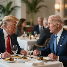 Trump and Biden having dinner at a fancy Greek restaurant, award winning cinematic photography, 50 mm, blurred background, trending on twitter