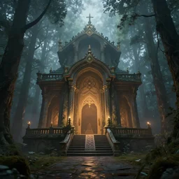 interior shot of a beautiful druid's temple in a forest, light fog, dusk, digital art, 4k