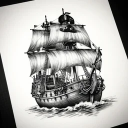 A tattoo design sketch of a realistic pirate ship, on paper, black and white, highly detailed, realistic tattoo, by nik lucas