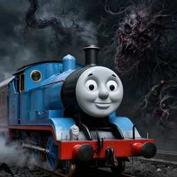 thomas the tank engine in style of zdzisław beksinski, extremely dramatic lighting, 8 k, tendrils, black, darkness, body horror, thomas the train, thomas the tank engine face, horror,
