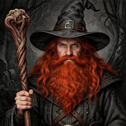 realistic portrait of young redheaded bearded dwarf, wild magic sorcerer, with wizard hat and knotted walking staff, dungeons and dragons, by Elodie Mondoloni, detailed intricate ink illustration, dark atmosphere, detailed illustration, hd, 4k, digital art, overdetailed art, concept art, by greg rutkowski, by loish, complementing colors, Trending on artstation, deviantart