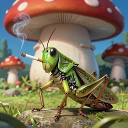 shoulder up Portrait of a hyper realistic Anthropomorphic grasshopper smoking an anime cigarette, mushroom hut in background , cel animation by Tokyo Movie Shinsha and Greg rutkowski, post-processing , IMAX , vibrant colors , award-winning masterpiece 20 years in the making