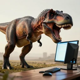 a t - rex screaming at their computer