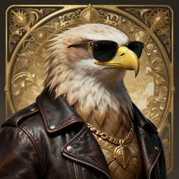 an eagle wearing sunglasses and a leather jacket, photography of kurzgesagt, deep focus, d & d, fantasy, intricate, elegant, highly detailed, digital painting, artstation, concept art, matte, sharp focus, illustration, hearthstone, art by artgerm and greg rutkowski and alphonse mucha