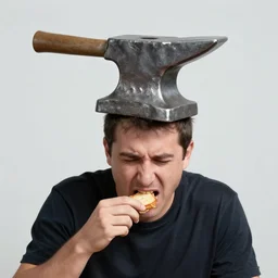a man whose head has been expanded into the shape of an anvil, eats a beef sandwich. he is gagged and trussed like a turkey. he is tony blair
