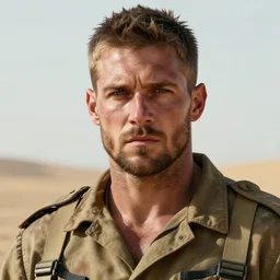 portrait of muscular, tired and alcoholic 3 0 - year - old handsome man with short darkblonde hair, serious sad look in his eyes, dirty beard, blue eyes, wearing dirty soldier uniform, on the desert, hyper realistic face, beautiful eyes, character art, art by mark brooks, hyperdetailed, cryengine, trending on artstation, digital art