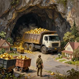 classic oil painting, inside a deep cave a dump truck mining for gold with mining carts and gold nuggets, as a dnd character, on a sunny populated suburban street, cottagecore, highly detailed, digital illustration, concept art, smooth, sharp focus, art by greg hildebrandt, and tim hildebrandt