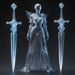 a full body character design by artgerm, greg rutkowski and alphonse mucha. sci - fi dagger. laser and grey blue translucent plastic tape project show attctive showgirl!! sci - fi helmet!! sharp edges. contour light effect!!. ultra detailed, elegant, intricate, octane render.
