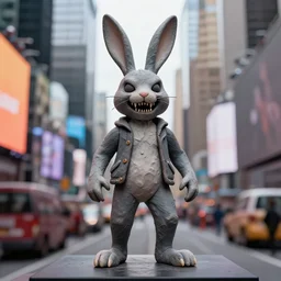 a realistic plasticine sculpture of a very scary bunny with sharp teeth made by michelangelo, standing in times square, 3 d render, hyper detailed, sharp focus, 8 k resolution