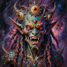 a high detailed hyper detailed painting of a spiritual monster with dreadlocks and several eyes, pointy teeth and colorful skin with scales and strange textures, surreal psychedelic cosmic horror - 7 6 8