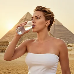 grainy portrait of muscled Scarlett Johansson taking a rest drinking water, pyramid ruins at sundown, sun beams, elegant, mythical, highly detailed, fireflies, Artstation, concept art, Allan Lee, John Howe, Joseph Christian Leyendecker, WLOP, Boris Vallejo, Artgerm
