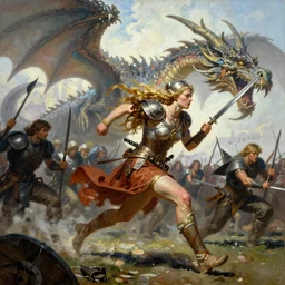 An oil painting of a beautiful viking woman sprinting into battle, by Frank Frazetta, Greg Rutkowski, Boris Vallejo, Neal Hanson, Christian MacNevin, epic fantasy character art, goddess of war, high fantasy, Exquisite detail, post-processing, low angle, masterpiece, cinematic, colossal dragon as background