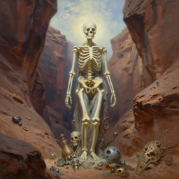 portrait oil painting, an ethereal statue of a skeleton, deep inside a canyon, ultra realistic, wide angle, intricate details, artifacts, luminous skies, highly detailed, michael cheval, peter mohrbacher, boris vallejo, jessica rossier, oil painting, highly detailed, cinematic lighting