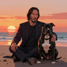 highly detailed full body portrait of john wick sitting on a beach, black pitbull besides him, looking into the sunset, concept art by jama jurabaev cel shaded cinematic shot trending on artstation high quality brush stroke hyperspace vibrant