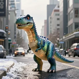 a beautiful photo by fred herzog of a pixar dinosaur standing in a street of vancouver, tiny gaussian blur, insanely detailed, insanely intricate, insanely beautiful, depth of field, low contrast, snowy, wide aperture