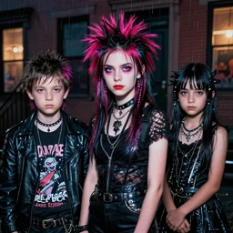 flash portrait photography of punk and goth kids on the lower east side by annie leibowitz, colorful nighttime, raining!