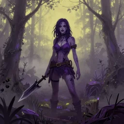 A woman in a foggy swamp with a purple and yellow color palette horror Digital art