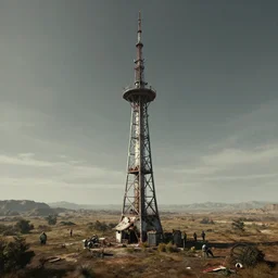 One Derelict Radio Tower surreal landscape, rendered by zdzisław beksiński, simon stålenhag, Beeple, environment concept, digital art, starwars, unreal engine, 3 point perspective, WLOP, trending on artstation, low level, 4K UHD image, octane render,