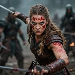 photorealistic 3/4 photograph of beautiful female viking warrior, angry with big grey eyes, red tribal warpaint, Frank frazetta, arney freytag, octane, bokeh, 8k, action pose, bloody, cinematic, 28mm