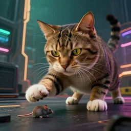 a huge cat pet catches a mouse by ryden, in cyberpunk environment, 4 k ultra high resolution, long camera shot